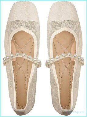 Lace Ballet Flat Shoes Dressy Sheer Mesh Square Toe Pearl Strap Wedding Party